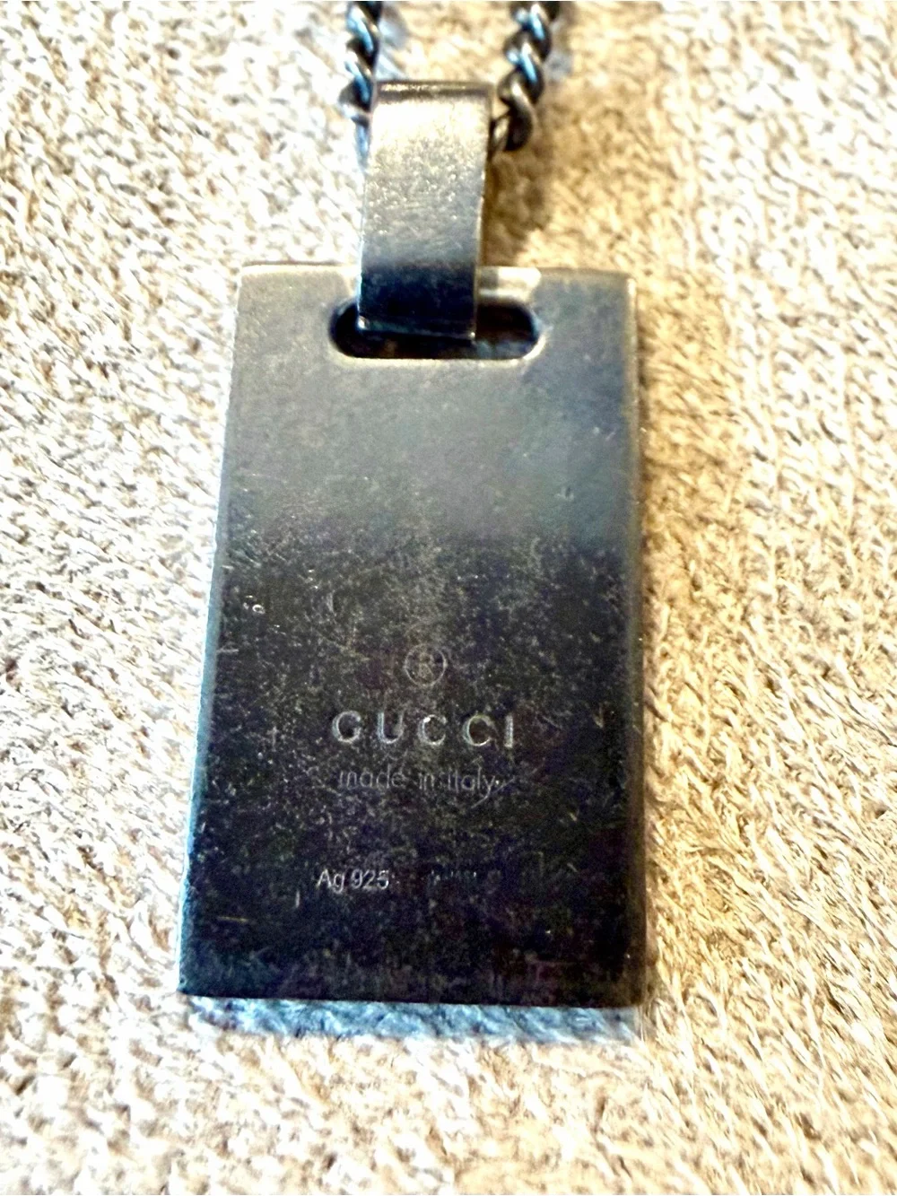 GUCCI Gunmetal .925 SS Textured Dog Tag Pendant Necklace; Length 20”- 22”